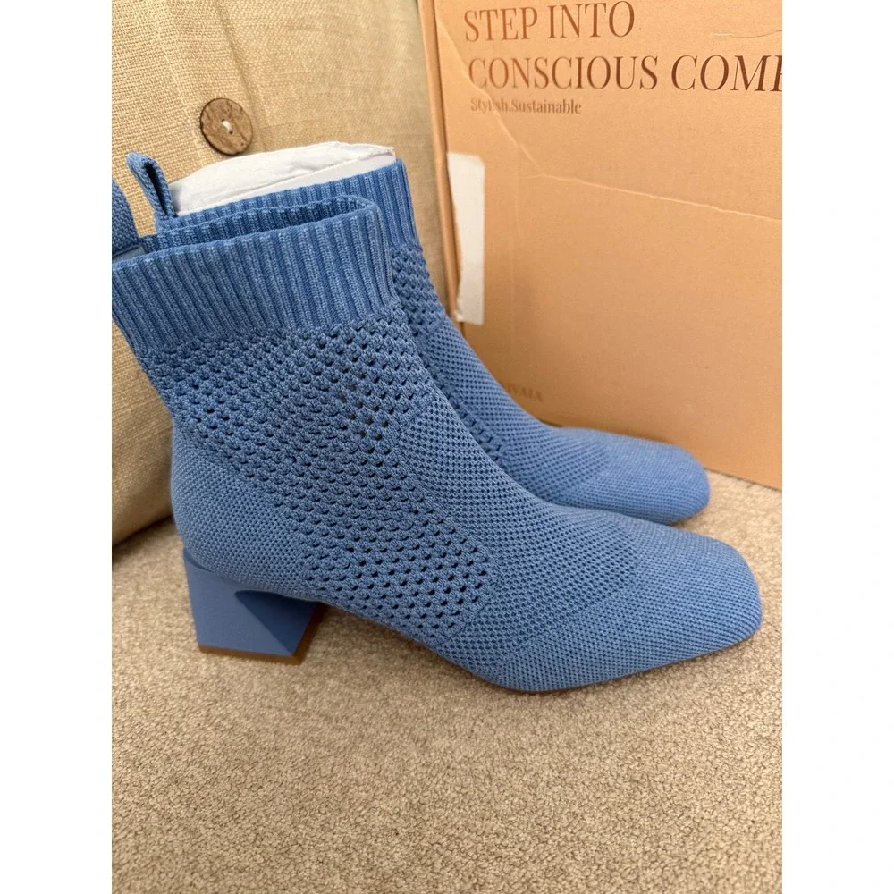 VIVAIA Square Toe Heeled Ankle Boots with Perforated Design Blue EU/35 US/5 - Picture 8 of 14